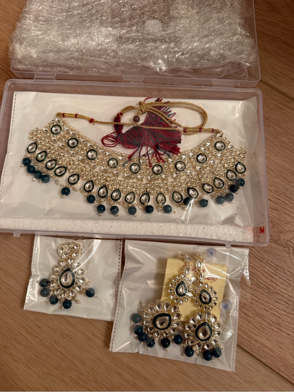Pearl and Kundan Choker Necklace Set with Teal Beads